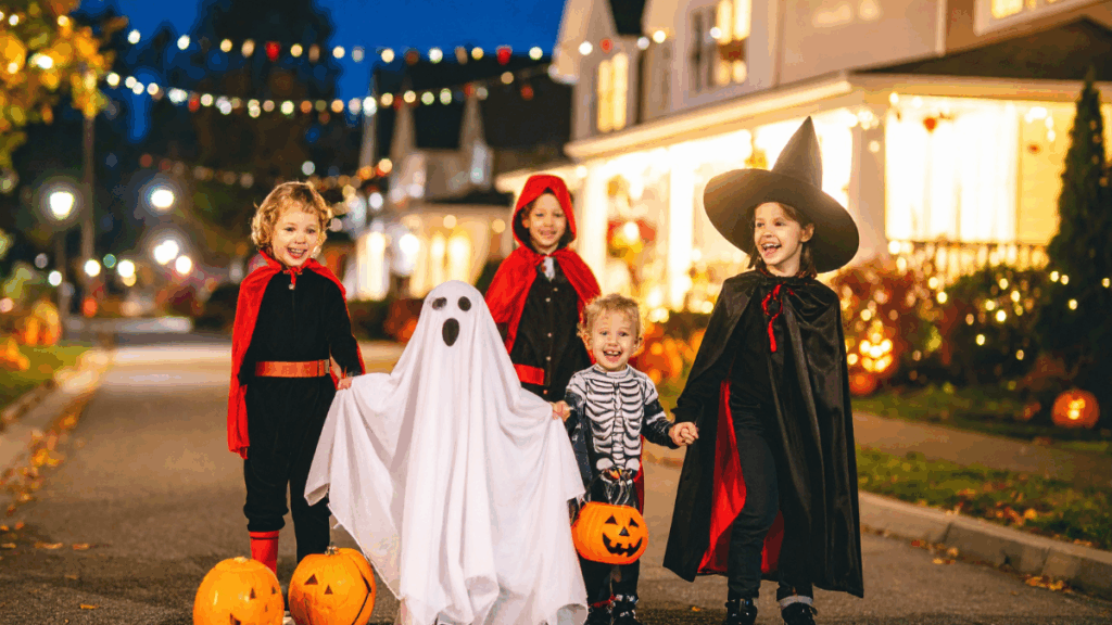 Children in costumes trick-or-treating on Halloween night, a common holiday tradition.