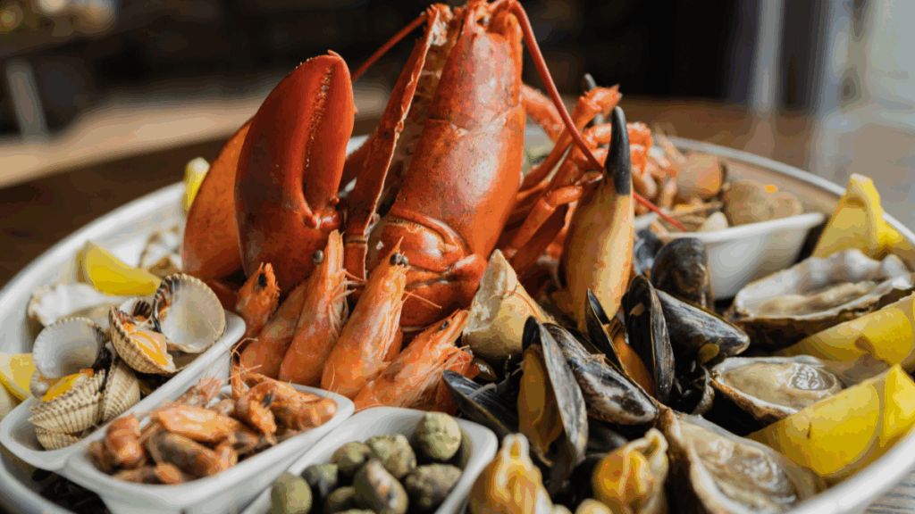 Shellfish and crustaceans, like these mussels and lobster, which were restricted alongside pork in Leviticus 11.
