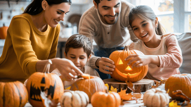 Christian family carving pumpkins together, representing the wholesome side of Halloween celebrations.
