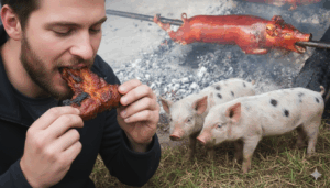 Collage showing the contrast between a man eating a pork rib and pigs roasting on a spit next to two live piglets, illustrating the central question of dietary law for Christians.