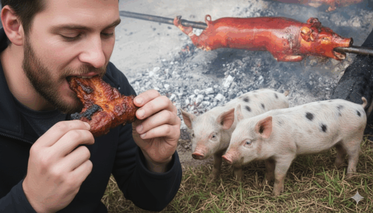 Collage showing the contrast between a man eating a pork rib and pigs roasting on a spit next to two live piglets, illustrating the central question of dietary law for Christians.